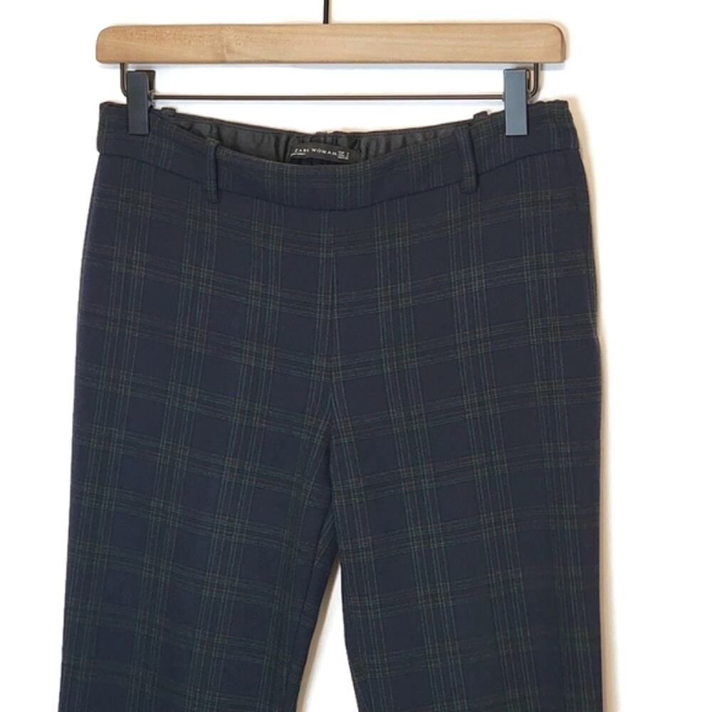 ZARA WOMAN Plaid Blue Green Ankle Crop Mid Rise Straight Skinny Pant Size S